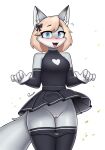 5_fingers absurd_res anthro arm_warmers arms_bent armwear belly black_bottomwear black_clothing black_legwear black_panties black_skirt black_underwear blonde_hair blue_eyes blush bottomwear bow_ribbon canid canine clothed clothing clothing_lift embarrassed fangs female fingers fluffy fluffy_ears fluffy_tail fox fur genitals grey_body grey_fur hair hair_over_eye happy heart_symbol hi_res inner_ear_fluff innie_vulva leaves_blowing legs_together legwear looking_at_viewer mammal maybelle_(clutseta49) nervous open_mouth panqueik panties panties_down partially_clothed pink_nose public public_nudity ribbons short_hair shy simple_background skirt skirt_lift solo standing tail teeth thick_thighs thigh_highs tongue tuft underwear underwear_down vulva white_background white_hands wind