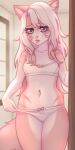 1:2 anthro bow_bra bow_panties bow_underwear bra breasts canid canine canis clothed clothing clothing_pull domestic_cat domestic_dog eveleer felid feline felis female front_view hair hi_res hybrid long_hair mammal midriff mirror navel panties panty_pull sad small_breasts solo standing thigh_gap training_bra underwear underwear_only underwear_pull white_bra white_clothing white_panties white_underwear window