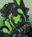 2025 abstract_background anthro biped black_latex claws digital_media_(artwork) drone glistening green_latex haku_rice headshot_portrait hi_res latex male mammal portrait simple_background solo text