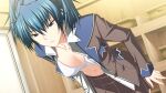  1girl anekouji_naoko_to_giniro_no_shinigami arms_at_sides basket blue_eyes blue_hair bra breasts buttons changing_room closed_mouth collarbone collared_shirt door double-breasted dressing dutch_angle frilled_skirt frills game_asset grey_jacket grey_skirt high_ponytail highres indoors jacket lapels leaning_forward long_sleeves looking_down may_pantsu medium_hair miniskirt navel non-web_source open_clothes open_jacket open_shirt pleated_skirt ponytail school_uniform self-datamine shelf shironeko_sanbou shirt skirt small_breasts solo standing underwear white_bra white_shirt 