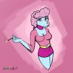 1:1 afro anthro art_fight artfight2026 bbear belt blowing_smoke blue_body blue_eyelids blue_fur bottomwear breasts canid canine canis cel_shading cigarette cigarette_holder cigarette_smoke cleavage clothed clothing curly_hair domestic_dog elbow_sleeves eyebrow_through_hair eyebrows eyelashes female fur hair hand_on_hip hi_res high-angle_view holding_object looking_at_viewer looking_up loose_sleeves low_cut_shirt mammal miniskirt neck_bow neckwear pink_background pink_bottomwear pink_bow pink_clothing pink_eyes pink_hair pink_nose pink_shirt pink_skirt pink_topwear poodle portrait puffy_hair shaded shirt simple_background skirt smile smoke smoke_from_mouth solo thighs_together three-quarter_portrait tight_clothing tight_shirt tight_topwear topwear translucent translucent_hair waist_belt yellow_belt