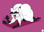 aliasing all_fours anthro armwear artist_logo artist_name bar_emanata bedroom_eyes big_butt boots bubble_butt bulge butt clothing crossbar_emanata curvy_figure digital_media_(artwork) elbow_gloves emanata eyelashes eyewear fangs fellatio_gesture femboy footwear geometric_background gesture gloves goggles handwear hi_res huge_butt knee_boots knee_highs legwear logo looking_at_viewer male melrone_(thatdawgmurray) narrowed_eyes seductive shoes signature simple_background solo suggestive suggestive_gesture teeth text thatdawgmurray thick_thighs thong tongue tongue_out underwear unknown_species white_body wide_hips
