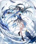  1girl absurdres bird black_boots black_dress black_hair blue_bird blue_eyes blue_hair boots breasts closed_mouth colored_inner_hair commentary dress english_commentary feather_hair full_body hair_intakes highres holding holding_sword holding_weapon jacket long_hair looking_at_viewer medium_breasts mua_(mua_pb) multicolored_hair outstretched_arm solo sword tacet_mark_(wuthering_waves) weapon white_jacket wuthering_waves yangyang_(wuthering_waves) yangyang_(xuanling)_(wuthering_waves) 
