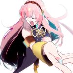  armband blue_nails closed_eyes foreshortening glowing hands headphones kanke_(yonkuma) long_hair megurine_luka music nail_polish pink_hair singing solo thighhighs vocaloid 