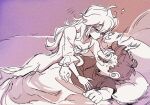  1boy 1girl agua_mp ahoge assertive_female blonde_hair blush breasts brown_hair cleavage commentary_request couple cowlick dress facial_hair hair_between_eyes hand_on_another's_chest hetero long_dress long_hair mario mario_(series) medium_breasts mustache open_mouth pillow princess_peach short_hair sketch squeans sweatdrop under_covers 