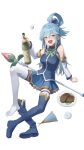  1girl absurdres alcohol aqua_(konosuba) bare_shoulders blue_boots blue_eyes blue_hair blue_shirt blue_skirt boots bottle breasts commentary_request detached_sleeves drooling drunk hair_between_eyes hair_rings hand_fan highres holding holding_bottle kono_subarashii_sekai_ni_shukufuku_wo! long_hair looking_at_viewer mage_staff mouth_drool open_mouth plate shirt simple_background single_hair_ring skirt sleeveless sleeveless_shirt solo staff thigh_boots thighhighs unworn_boots white_background white_sleeves white_thighhighs yecheng_anhunqu_(bilibili_1454316466) 