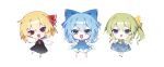  3girls :d ascot black_skirt black_vest blonde_hair blue_bow blue_dress blue_eyes blue_hair blue_skirt blue_vest bow chibi chibi_only cirno collared_shirt commentary_request daiyousei dress fairy fairy_wings full_body green_hair hair_between_eyes hair_bow hair_ribbon highres holding_own_skirt long_hair looking_at_viewer medium_hair multiple_girls neck_ribbon open_mouth puffy_short_sleeves puffy_sleeves red_ascot red_eyes red_ribbon ribbon rumia shirt short_hair short_sleeves sia_6767 simple_background skirt skirt_set smile touhou vest white_background white_shirt wings yellow_ascot yellow_bow 