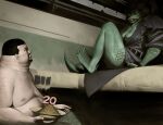 anthro areola bed black_hair body_hair bread breasts cake cape cape_only clothing coat_cape dessert disgust duo female food furniture green_body green_elephant hair half_naked hi_res human male mammal mikelocesterlanders mostly_nude obese overweight ponytail prison prison_cell scales scalie yellow_eyes