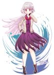  1girl boots bow bowtie brown_boots commentary_request covering_own_mouth dated dress feathered_wings full_body furim grey_hair hand_on_own_hip highres jacket kishin_sagume long_sleeves looking_at_viewer open_clothes open_jacket purple_dress red_bow red_bowtie red_eyes short_hair signature single_wing solo touhou white_wings wings yellow_jacket 