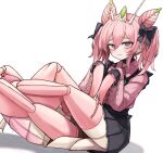  1girl antenna_hair antennae arthropod_girl arthropod_limbs black_bow black_skirt bow commentary_request compound_eyes double_bun dress ear_piercing extra_arms hair_bun kumano_plan mantis_girl original piercing pink_dress pink_eyes pink_hair skirt spiked_ear_piercing twintails 