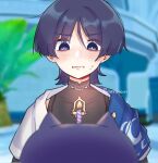  1boy arms_at_sides artist_name black_bodysuit blue_cape blue_eyes blue_sleeves blunt_ends blurry blurry_background bodysuit bright_pupils candle candlelight cape covered_collarbone depth_of_field eyeliner genshin_impact grey_hair highres indoors japanese_clothes kimono layered_sleeves light_blush looking_at_object makeup makoto_774 male_focus mandarin_collar open_clothes open_kimono parted_lips pov red_eyeliner scaramouche_(genshin_impact) short_sleeves shoulder_peek side_cape solo straight-on sweatdrop wanderer_(genshin_impact) white_kimono white_mouth white_pupils white_sleeves white_trim wolf_cut 