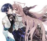  1boy 1girl ahoge animal_print arm_cutout armor artist_request asaga_(i3if3b) belt bird_print bishounen black_belt black_bodysuit black_bow black_bridal_gauntlets black_gloves black_hair black_shorts blue_cape blue_eyes blue_kimono blue_sleeves blunt_ends blush bodystocking bodysuit bow bridal_gauntlets cape clothing_cutout commission couple covered_collarbone crossed_bangs dress dutch_angle eyelashes eyeliner eyeshadow fingernails fringe-trimmed_cape furisode gem genshin_impact gloves gold_trim grey_eyeshadow hair_between_eyes hair_bow hakama hakama_shorts hetero highres hip_vent holding_hands huge_ahoge interlocked_fingers japanese_armor japanese_clothes jewelry juban kimono kote kurokote large_bow layered_sleeves leaning_back leaning_on_person long_hair looking_at_another looking_at_viewer makeup mandarin_collar oc_x_canon open_clothes open_kimono open_mouth original pink_cape pink_hair pleated_shorts purple_eyes purple_gem purple_rope purple_sash red_eyeliner rope sash scaramouche_(genshin_impact) second-party_source short_sleeves shorts shoulder_peek side_cape single_off_shoulder thighlet tsurime very_long_hair wanderer_(genshin_impact) white_background white_dress white_kimono white_sleeves wispy_bangs wolf_cut 