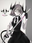  1girl :| absurdres black_choker black_dress black_gloves black_horns black_necktie blood blood_on_weapon choker closed_eyes closed_mouth collared_shirt colored_blood commentary cowboy_shot demon_girl demon_horns demon_tail dress english_commentary expressionless facing_viewer frilled_dress frills gloves grey_background grey_hair hair_between_eyes hair_ornament hairclip highres horns medium_hair necktie original partially_fingerless_gloves pinafore_dress pink_blood shirt simple_background sleeveless sleeveless_dress sleeves_rolled_up solo standing sword tail tie_clip twitter_username two-tone_background upper_body weapon white_background white_shirt wiping wiping_blood yorie2nd 