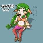  1girl blush breasts cleavage commentary_request feena_(grandia) fukaziroh730 full_body grandia grandia_i green_eyes green_hair hair_ornament hair_tubes highres jewelry long_hair looking_at_viewer low-tied_long_hair midriff navel necklace open_mouth red_thighhighs skirt solo thighhighs wide_sleeves 