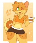2026 4_fingers anthro arm_tuft bare_shoulders bottomwear cheek_tuft clothed clothed_anthro clothed_male clothing cocked_hip coffee_cup colored container crop_top cup cute_fangs digital_drawing_(artwork) digital_media_(artwork) domestic_cat eyelashes facial_tuft fangs felid feline felis femboy fingers flat_colors fur hair hi_res holding_container holding_cup holding_object leg_tuft looking_at_viewer male male_anthro mammal markings multicolored_body multicolored_fur navel neck_tuft ohalphabetboyy one_eye_closed open_mouth open_smile orange_body orange_fur orange_hair orange_markings pink_inner_ear shirt short_hair shorts shoulder_tuft small_waist smile solo sparkles spots spotted_markings teeth thigh_tuft topwear tuft two_tone_tail yellow_markings