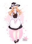  1girl apron black_hat black_shoes black_skirt black_vest blonde_hair bow braid commentary_request dated full_body furim hair_bow hat hat_bow highres kirisame_marisa long_hair looking_at_viewer open_mouth puffy_short_sleeves puffy_sleeves red_bow shoes short_sleeves side_braid signature single_braid skirt socks solo star_(symbol) star_symbol_background touhou vest waist_apron white_apron white_bow white_socks witch_hat yellow_eyes 