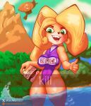 activision aircraft airship anthro bandicoot beach clothing coco_bandicoot crash_bandicoot_(series) female g_fuel hi_res looking_at_viewer mammal marsupial one-piece_swimsuit open_mouth open_smile smile smiling_at_viewer solo swimwear vehicle warwar1337