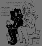 anthro blush bovid breasts caprine casual_nudity deer deltarune dialogue duo english_text female goat male mammal monochrome noelle_holiday nude ralsei sitting strilalonder text undertale_(series)