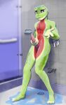 2022 5:8 amphibian anthro bite biting_lip biting_own_lip faucet frog genitals green_body green_skin hand_on_own_penis hand_on_penis hi_res male masturbation melon_the_frog multicolored_body navel non-mammal_navel nude pecs penis pink_penis red_body red_skin red_torso renashin_vixious self_bite shower shower_door shower_drain snout soap soap_dish solo tapering_penis tile tile_wall tree_frog wall_(structure) water_spray yellow_sclera