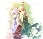  back-to-back breast_suppress breasts ex-keine fujiwara_no_mokou horns kamishirasawa_keine large_breasts lavender_hair long_hair multiple_girls nu_(plastic_eraser) red_eyes silver_hair touhou 