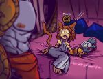  1boy 1girl ancient_greek_clothes animal_ears armlet armor bed breasts brown_hair button_prompt cat_ears cat_girl cat_tail commentary_request flower flower_in_mouth gameoverse god_of_war_(series) god_of_war_iii gold_armlet greco-roman_clothes highres jewelry kaboodle_(gameoverse) kit_bodega kratos_(god_of_war) mrguardianeye nipples pillow red_eyes red_flower red_rose robot rose spanish_commentary sweat tail 