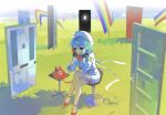  1girl antique_phone aqua_hair beret black_gloves chair commentary_request cropped_jacket crossed_legs door doorway field gloves grass hat hatsune_miku highres holding holding_phone jacket liminal_space low_twintails m888992l7 on_chair pencil_skirt phone rainbow red_shoes shade shoes sitting skirt solo surreal talking_on_phone tunnel twintails vocaloid white_hat white_jacket wonder_(vocaloid) 