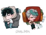  2boys alien_stage black_hair black_pants black_tank_top blue_pants chibi chibi_only closed_mouth commentary drooling fang fang_out grey_hair highres ivan_(alien_stage) jeinb174 male_focus mouth_drool multiple_boys notebook open_mouth pants pencil pillow shirt short_hair signature sleeping tank_top till_(alien_stage) twitter_username untranslatable_commentary very_short_hair white_shirt 