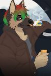 anthro canid canine canis car cigarette clothed clothing domestic_dog fur german_shepherd hair herding_dog jacket leather leather_clothing leather_jacket leather_topwear looking_at_viewer male mammal omez pastoral_dog patch_(fabric) smoke topwear vehicle