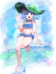  1girl absurdres alternate_costume barefoot bikini blue_bikini blue_eyes blue_hair blush commentary full_body green_hat hair_bobbles hair_ornament hat highres jewelry kawashiro_nitori key key_necklace leg_up looking_at_viewer necklace open_mouth smile solo suwa_(au_swap) swimsuit thighs toes touhou waving 