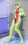 2022 5:8 amphibian anthro bite biting_lip biting_own_lip bodily_fluids cum ejaculating_on_self ejaculation faucet frog genital_fluids genitals green_body green_skin hand_on_own_penis hand_on_penis hi_res male masturbation multicolored_body navel non-mammal_navel nude pecs penis pink_penis red_body red_skin red_torso renashin_vixious self_bite shower shower_door shower_drain snout soap soap_dish solo tapering_penis tile tile_wall tree_frog wall_(structure) water_spray yellow_sclera