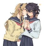  2girls black_hair black_headband blue_eyes blue_skirt bracelet cardigan chinese_commentary closed_eyes commentary_request headband heart-shift_bracelets highres holding_hands imminent_kiss interlocked_fingers jewelry jiguang_haibao koishikawa_iko long_hair long_sleeves messy_hair momijiyama_teru multiple_girls neckerchief one_eye_closed parted_lips pleated_skirt red_neckerchief sailor_collar school_uniform serafuku shirt short_hair shy_(series) simple_background skirt sweatdrop white_background white_shirt yellow_cardigan yuri 