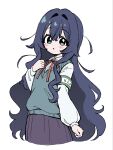  1girl antenna_hair armband blazer blue_eyes blue_hair blush cropped_legs double-parted_bangs fluffy_hair green_armband green_sweater_vest hair_between_eyes hair_intakes hand_on_own_chest highres jacket kimi_no_koto_ga_dai_dai_dai_dai_daisuki_na_100-nin_no_kanojo long_hair long_sleeves mamesuki neck_ribbon ohananomitsu_high_school_uniform parted_lips pleated_skirt purple_skirt red_ribbon ribbon school_uniform shirt side_ahoge sidelocks simple_background skirt solo sweater_vest very_long_hair wavy_hair white_background white_shirt yoshimoto_shizuka 