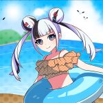 1girl artist_request beach bikini black_hair blue_eyes closed_mouth commentary_request double_bun frilled_bikini frills hair_bun hair_ornament hairclip innertube long_hair looking_at_viewer multicolored_eyes multicolored_hair navel ocean official_art orange_bikini polka_dot polka_dot_bikini red_eyes simple_bird smile solo swim_ring swimsuit twintails upper_body virtual_youtuber white_hair yomi_haruka zonchuu_zombie_jk_wa_game_haishinchuu 