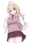  1girl ahoge akamatsu_kaede backpack bag beamed_eighth_notes blonde_hair blush_stickers breasts collared_shirt commentary cowboy_shot danganronpa_(series) danganronpa_v3:_killing_harmony eighth_note gel_p hair_ornament highres holding_strap long_hair long_sleeves looking_at_viewer medium_breasts miniskirt musical_note musical_note_hair_ornament musical_note_print musical_staff necktie parted_bangs pleated_skirt purple_eyes purple_skirt purple_sweater_vest randoseru red_necktie school_uniform shirt simple_background skirt smile solo standing sweater_vest swept_bangs white_background white_shirt 