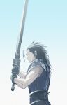  1boy absurdres armor black_gloves black_hair blue_sky buster_sword chankirankachan closed_eyes closed_mouth commentary_request crisis_core:_final_fantasy_vii cross_scar final_fantasy final_fantasy_vii from_side gloves gradient_background highres holding holding_sword holding_weapon male_focus medium_hair outdoors profile ribbed_sweater scar scar_on_cheek scar_on_face shoulder_armor sky sleeveless sleeveless_sweater sleeveless_turtleneck solo spiked_hair suspenders sweater sword turtleneck turtleneck_sweater weapon zack_fair 