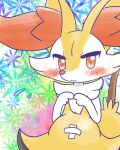 2026 annyui0611 anthro bandage_on_belly blush blush_stickers bodily_fluids braixen canid digital_drawing_(artwork) digital_media_(artwork) female female_anthro flying_sweatdrops front_view generation_6_pokemon half-length_portrait heart_eyes heart_symbol hi_res index_to_index japanese_description looking_at_viewer mammal nintendo object_in_tail pokemon pokemon_(species) portrait pregnant pregnant_anthro pregnant_female solo standing stick stick_in_tail sweat sweatdrop tail translated_description wavy_mouth