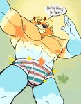 anthro armpit_hair australian_cattle_dog bedroom_eyes birkye blonde_hair bluey_(series) body_hair bottom_view bottomwear briefs bulge canid canine canis cattledog clothed clothing dialogue domestic_dog eyebrows fur hair head_tuft herding_dog hi_res looking_at_viewer looking_down looking_down_at_viewer male mammal multicolored_body multicolored_clothing multicolored_fur multicolored_underwear muscular muscular_anthro muscular_male narrowed_eyes nipples orange_body orange_fur pastoral_dog pattern_clothing pattern_underwear pecs pubes radley_heeler raised_eyebrow seductive smile smiling_at_viewer smirk smirking_at_viewer solo sparkles speech_bubble standing striped_briefs striped_clothing striped_underwear stripes tuft underwear underwear_only
