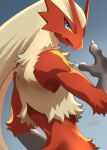 2026 ambiguous_anthro ambiguous_gender anthro avian biped blaziken blue_eyes cheek_tuft claws digital_drawing_(artwork) digital_media_(artwork) facial_tuft feathers finger_claws fingers generation_3_pokemon glistening glistening_eyes hi_res japanese_description looking_at_viewer multicolored_body multicolored_feathers netiel nintendo nude nude_ambiguous nude_anthro open_mouth pokemon pokemon_(species) red_body red_feathers scuted_arms scutes signature simple_background solo standing tan_body tan_feathers tuft two_tone_body two_tone_feathers yellow_sclera