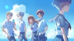  2girls 3boys ai_(ao_oni) ao_oni blonde_hair blue_eyes blue_hair blue_sky blunt_bangs brown_hair clear_sky closed_eyes cloud colored_eyelashes day food from_side glasses hand_in_pocket highres hiroshi_(ao_oni) holding holding_food holding_popsicle long_hair looking_ahead looking_at_another mika_(ao_oni) multiple_boys multiple_girls ocean official_art outdoors popsicle red_hair school_uniform shirt short_hair short_sleeves skirt sky smile summer summer_uniform sunlight takeshi_(ao_oni) takurou_(ao_oni) teeth white_hair white_shirt 