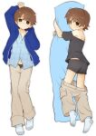  1boy adam_lanza animification arched_back arm_up arms_up aschbrook bare_arms bare_shoulders black_shirt black_shorts blue_jacket blue_pillow blue_shirt blush body_pillow boxers brown_hair cargo_pants clothes_pull head_on_pillow highres hugging_object jacket lying male_focus male_underwear off-shoulder_shirt off_shoulder on_pillow open_clothes open_fly open_jacket pants pants_pull parted_bangs pillow pillow_hug polo_shirt raised_inner_eyebrows real_life shiny_eyes shirt shorts skinny socks spiked_hair true_crime underwear unzipped white_background white_socks 