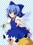  blue_eyes blue_hair cirno frog grin moyashi_(m-planter) outstretched_hand polka_dot polka_dot_background pyonta reaching short_hair smile solo touhou 