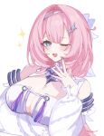  1girl arm_under_breasts bad_id bad_twitter_id blue_eyes blush breasts commentary_request cosplay elysia_(honkai_impact) fingernails hair_intakes hair_ornament hand_up honkai_(series) honkai_impact_3rd large_breasts long_fingernails looking_at_viewer nail_polish one_eye_closed open_mouth pink_hair pink_pupils purple_nails remielle_dan remielle_dan_(cosplay) simple_background smile solo sparkle tdatnst upper_body white_background zenless_zone_zero 