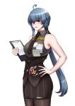  1girl black_necktie black_pantyhose black_skirt breasts clipboard grey_hair grey_shirt highres holding holding_clipboard honkai_(series) honkai_impact_3rd large_breasts lion_space long_hair looking_at_viewer necktie official_alternate_costume pantyhose pencil_skirt purple_eyes raven_(honkai_impact) raven_(tipsy_hour)_(honkai_impact) red_nails shirt simple_background skirt sleeveless sleeveless_shirt solo very_long_hair white_background 