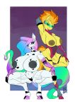 anthro areola big_breasts breasts crouching cybernetics cyborg dithering duo earth_pony equid equine eyebrows eyeshadow female friendship_is_magic hair hand_behind_head hasbro hi_res hooves horn horse machine makeup mammal my_little_pony mythological_creature mythological_equine mythology nipples orange_hair pony princess_celestia_(mlp) purple_eyeshadow spitfire_(mlp) standing unicorn visor_eyes white_body wonderbolts_(mlp) yellow_body zwitterkitsune