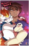 absurd_res anthro arm_around_shoulders axel_(spicykiwi) bodily_fluids border brown_hair cinderace clothing cover cover_art cover_page dark_body dark_skin fire fur generation_8_pokemon group hair hi_res hisuian_form hisuian_typhlosion hug human jacket jewelry looking_at_viewer male mammal markings mole_(marking) necklace nervous nintendo pokemon pokemon_(species) purple_body purple_fur regional_form_(pokemon) scotch_(spicykiwi) shirt smug spicykiwi sweat tan_body tan_fur todd_(spicykiwi) topwear trio white_body white_border white_fur