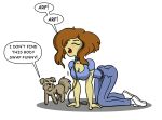 all_fours alpha_channel barking belt big_breasts blue_bottomwear blue_clothing blue_pants blue_shirt blue_topwear body_swap bottomwear bouncing_breasts breasts brown_body brown_fur brown_hair canid canine canis cdrudd clothing collar dialogue disgust domestic_dog english_text eyelashes eyes_closed female feral footwear fur hair hands_on_ground human leash lipstick long_hair makeup male mammal open_mouth pants shirt shoes speech_bubble tail text tongue topwear white_clothing white_footwear white_shoes