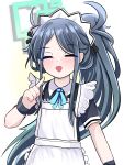  1girl :d absurdres apron aris_(blue_archive) aris_(maid)_(blue_archive) black_dress black_hair blue_archive blue_halo blue_ribbon blush closed_eyes commentary contrast_collar dress english_commentary facing_viewer flat_chest frilled_apron frills gradient_background halo high_ponytail highres long_hair long_sidelocks maid_apron maid_headdress neck_ribbon official_alternate_costume open_mouth parted_bangs pointing pointing_at_self ponytail rectangular_halo ribbon sari_(zakura27502762) short_sleeves sidelocks simple_background smile solo upper_body very_long_hair white_apron white_background wrist_cuffs yellow_background 