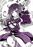  1girl blush breasts caramel_umashi commentary_request cross-laced_clothes cross-laced_dress dress highres hijiri_byakuren kneehighs large_breasts layered_dress long_hair long_sleeves looking_at_viewer open_mouth partially_colored purple_dress purple_eyes purple_hair purple_socks socks solo sorcerer's_sutra_scroll touhou watermark 