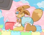 5:4 ageplay anthro anthrofied big_diaper biped blue_clothing blue_onesie blue_pacifier brown_body brown_fur clothed clothing diaper diaper_peekage digital_media_(artwork) eevee english_text fur generation_1_pokemon half-closed_eyes handwear hi_res hypnosis infantilism long_ears male mind_control mittens muffin_(puppypamps) narrowed_eyes nintendo object_in_mouth onesie pacifier pacifier_in_mouth pink_eyes pokemon pokemon_(species) pokemorph puppypamps ringed_eyes roleplay text toony wearing_diaper