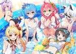  6+girls :d ahoge animal_ears aqua_eyes ass bikini bikini_skirt black_bikini black_hair blonde_hair blue_eyes blue_hair blue_sailor_collar bow braid breasts brown_sailor_collar cat_ears cat_girl cat_tail cleavage closed_mouth commentary covered_navel day double-parted_bangs double_w flower fox_ears fox_girl fox_tail frilled_bikini frills front-tie_bikini_top front-tie_top green_eyes grin hair_between_eyes hair_bow hair_flower hair_ornament hair_ribbon hairclip halterneck highres hololive hololive_dev_is hoshimachi_suisei innertube jacket kutata large_breasts long_hair looking_at_viewer lying medium_breasts medium_hair multiple_girls nekomata_okayu on_back on_innertube one-piece_swimsuit one_side_up oozora_subaru open_mouth otonose_kanade outdoors pink_hair pixel_sunglasses pool purple_eyes purple_hair ribbon sailor_bikini sailor_collar sailor_one-piece_swimsuit sakura_miko shirakami_fubuki short_hair side_braid side_ponytail sidelocks small_breasts smile sunflower sunglasses swept_bangs swim_ring swimsuit tail virtual_youtuber w wading white_bikini white_hair white_one-piece_swimsuit yellow_jacket 